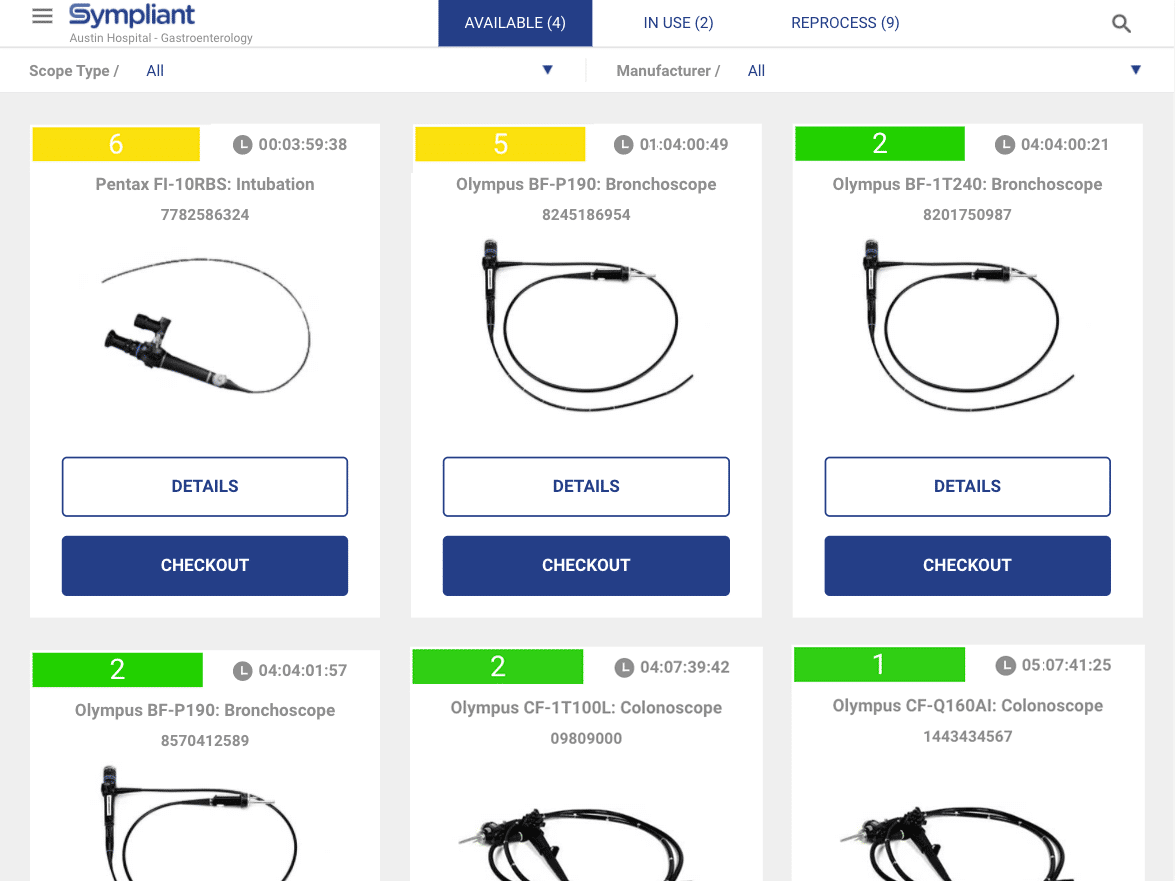 Sympliant web app virtual scope cabinet showing six scopes in various states of reprocessing.